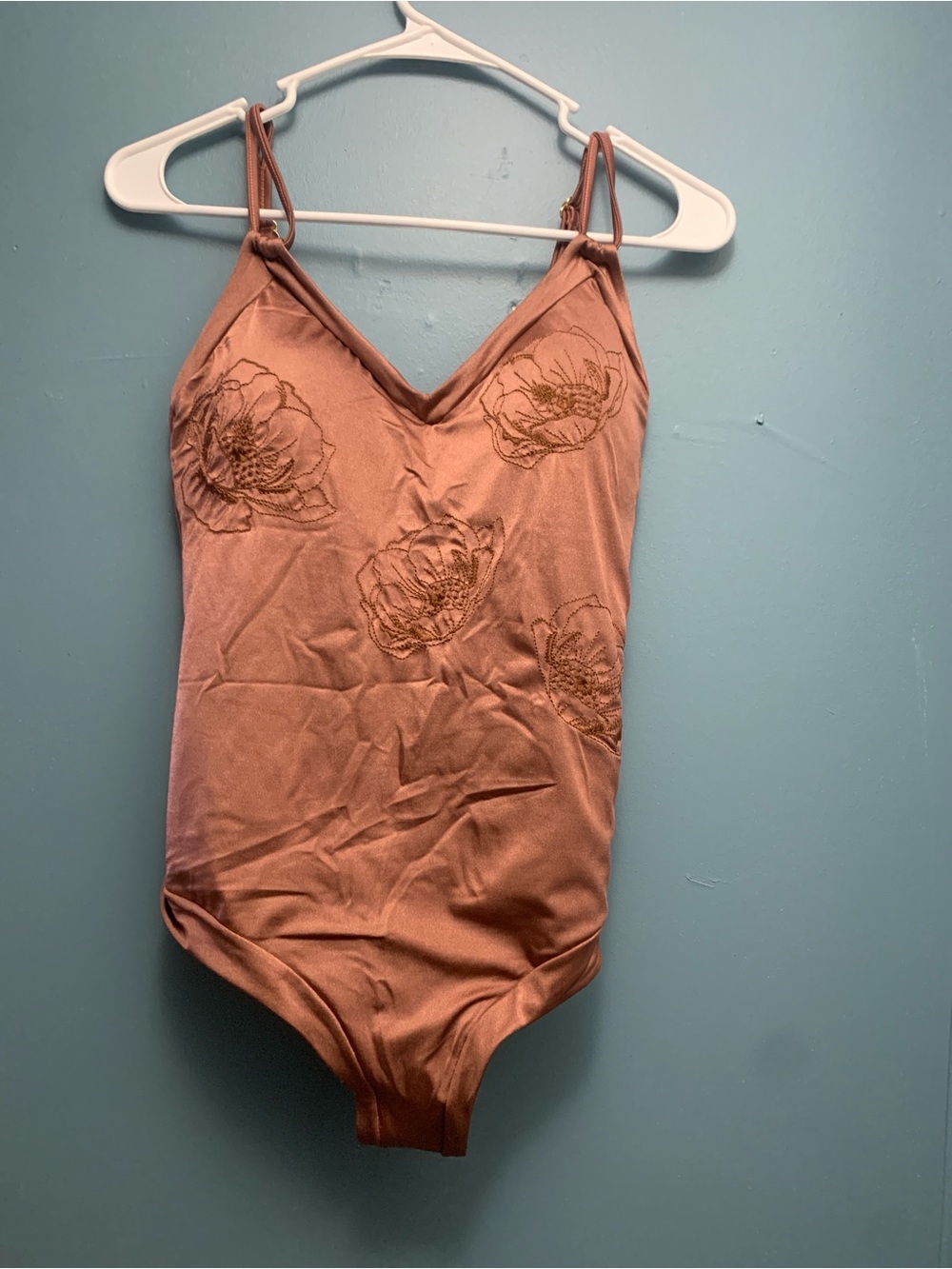 Embroidered Floral One-Piece Swimsuit in Dusty Mauve with build-inshaping panel